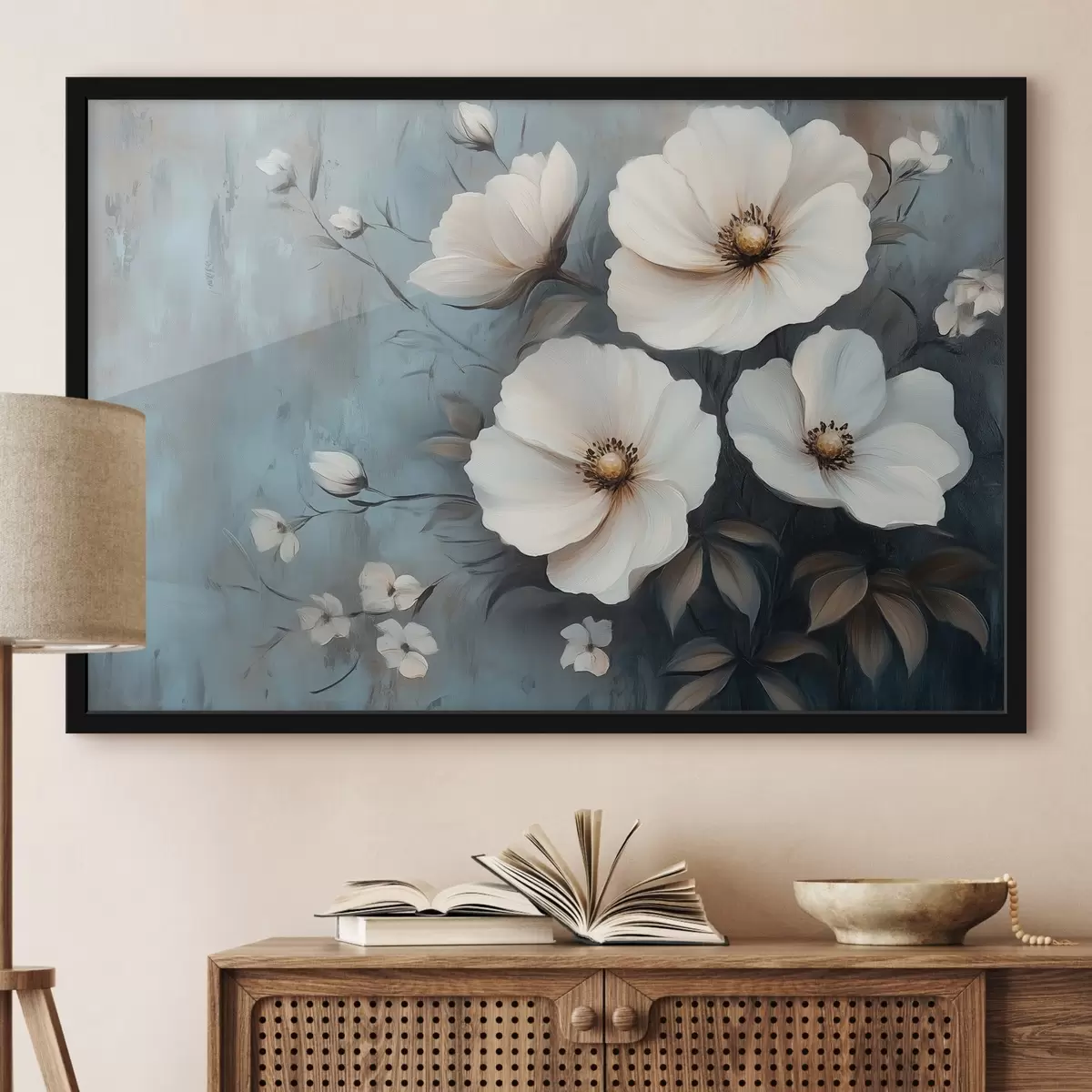Poster Weiße Blumen auf blauem Hintergrund f42319