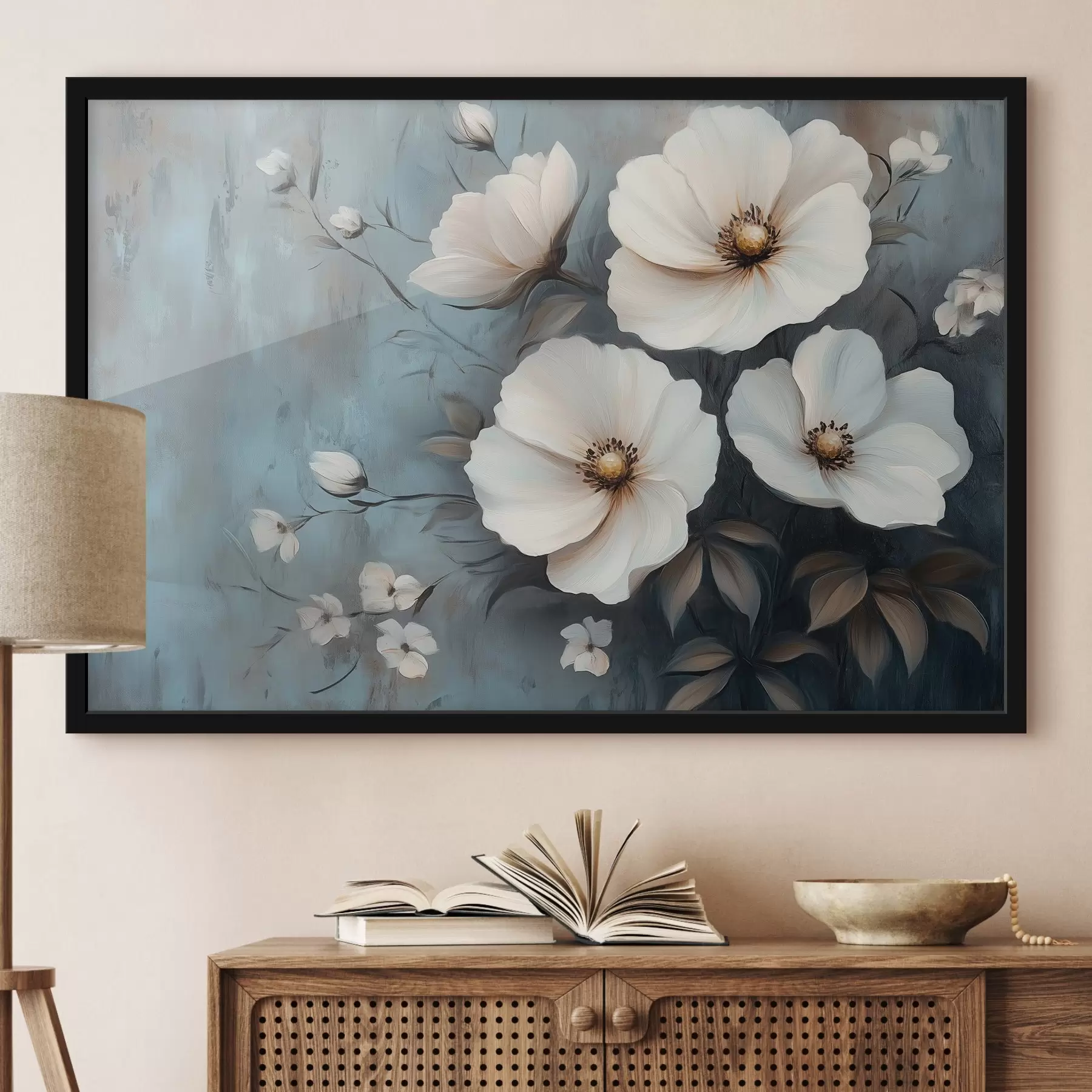 Fototapete Weiße Blumen auf blauem Hintergrund f42319