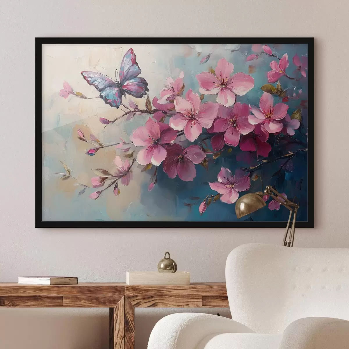 Poster Rosa Blumen und Schmetterling f42320