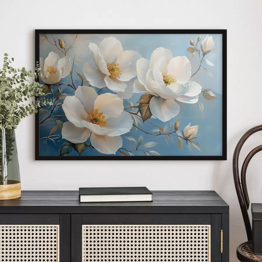 Fototapete Große weiße Blumen auf blauem Hintergrund f42321