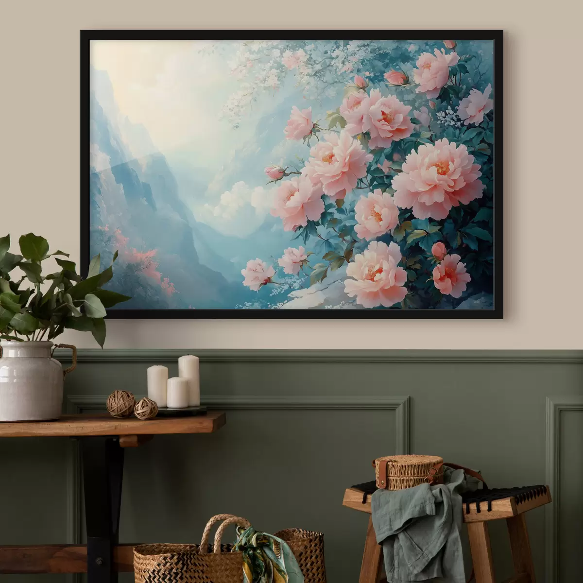 Poster Blaue Berge und Blumen im Vordergrund f42324