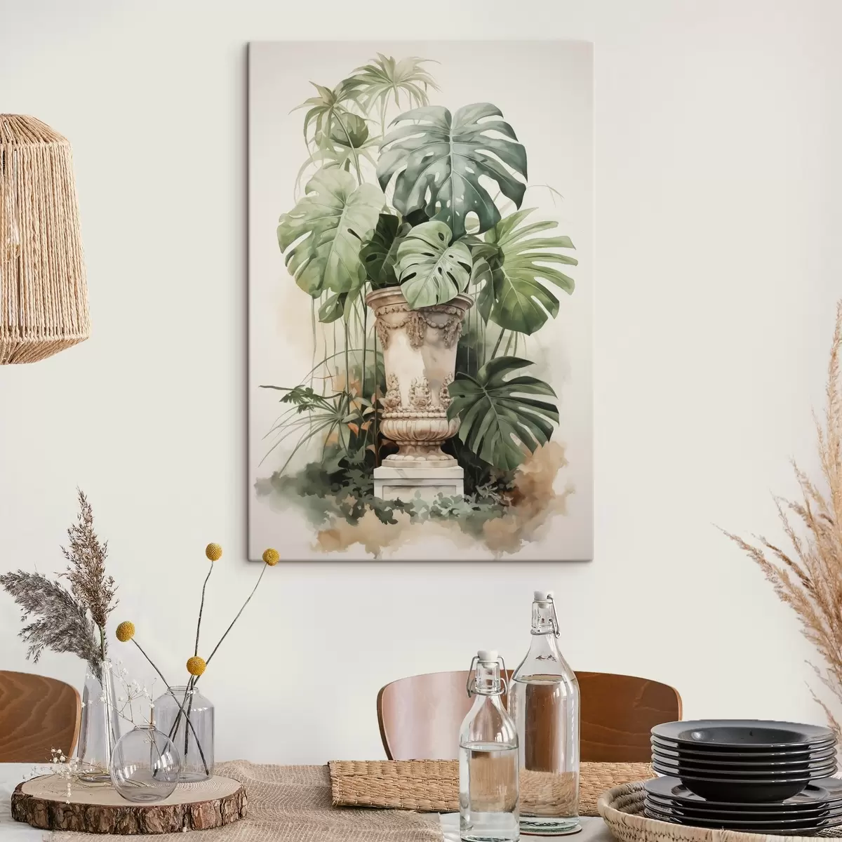 Wandbilder Tropische Monstera Blätter auf einer Säule Nachahmung Aquarell s42351