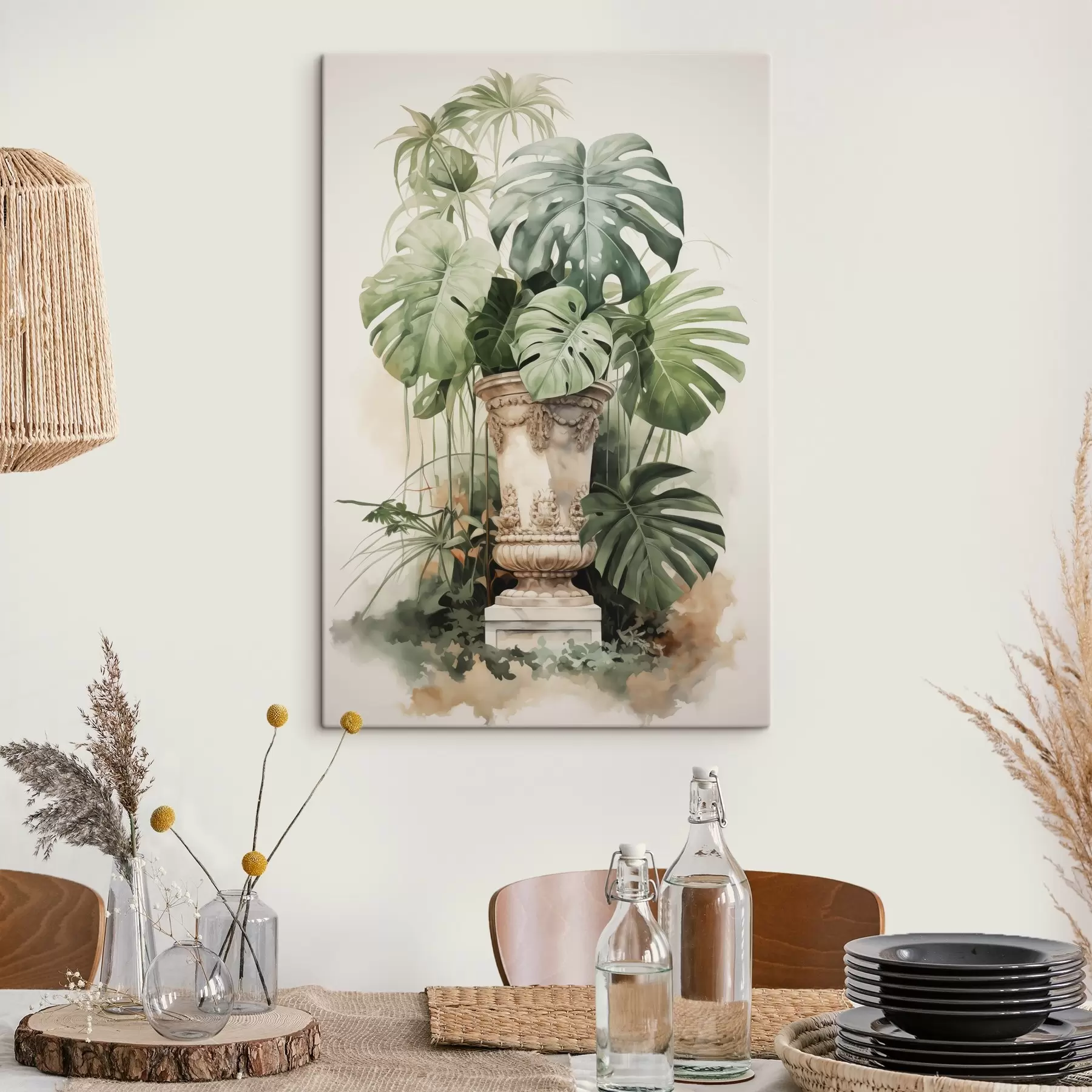 Wandbilder Tropische Monstera Blätter auf einer Säule Nachahmung Aquarell s42351
