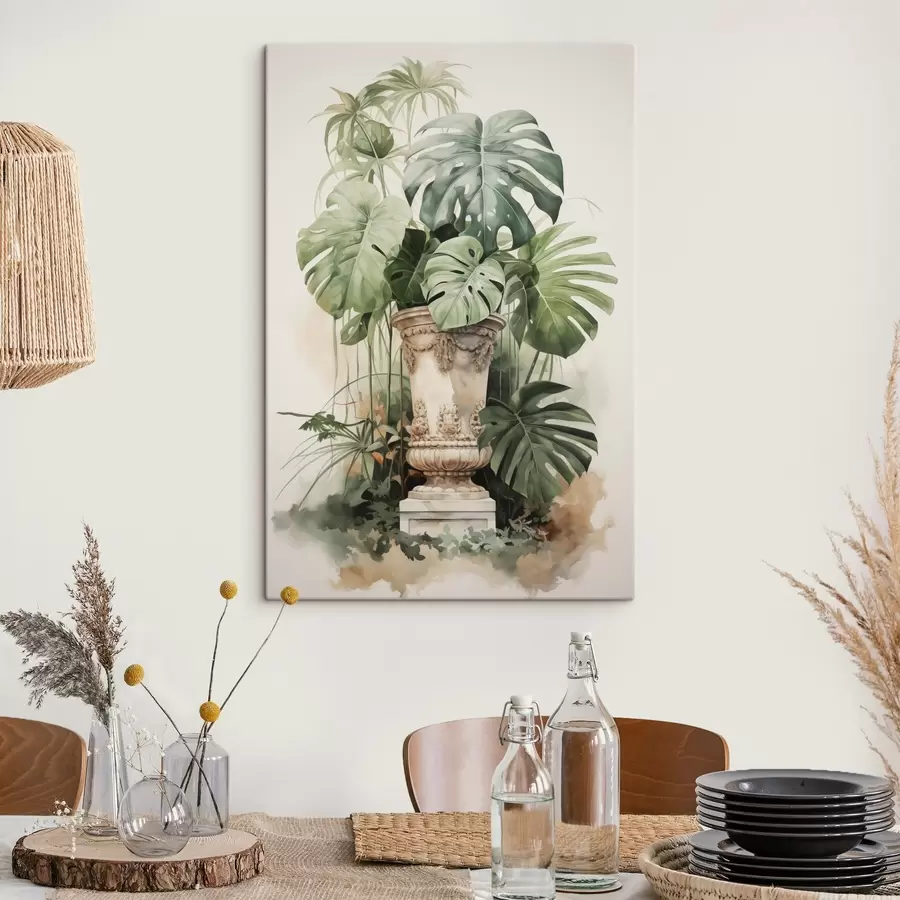 Wandbilder Tropische Monstera Blätter auf einer Säule Nachahmung Aquarell s42351