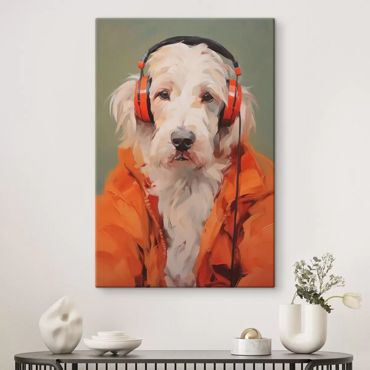 Wandbilder Weißer Hund mit orangefarbener Jacke und Kopfhörer Imitation Malerei s42364
