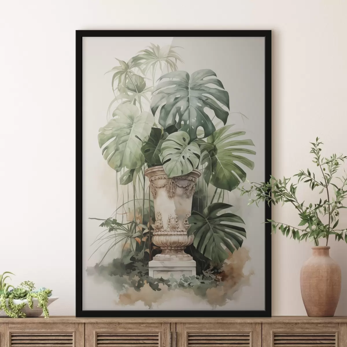 Poster Tropische Monstera Blätter auf einer Säule Nachahmung Aquarell f42351