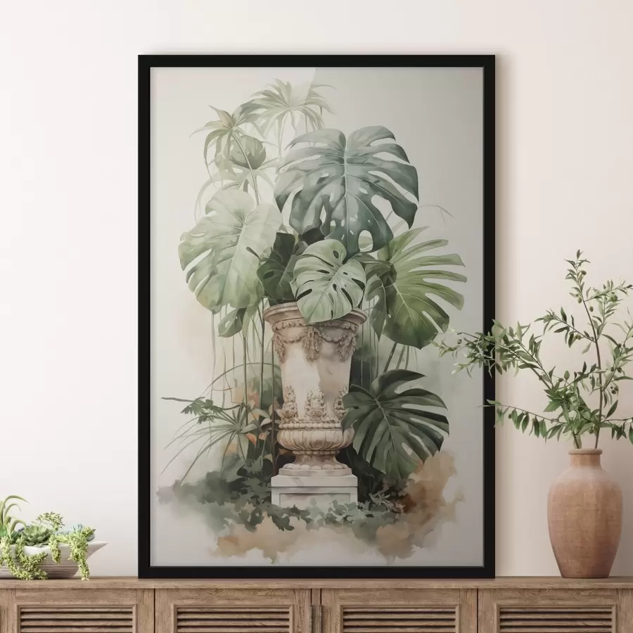 Fototapete Tropische Monstera Blätter auf einer Säule Nachahmung Aquarell f42351