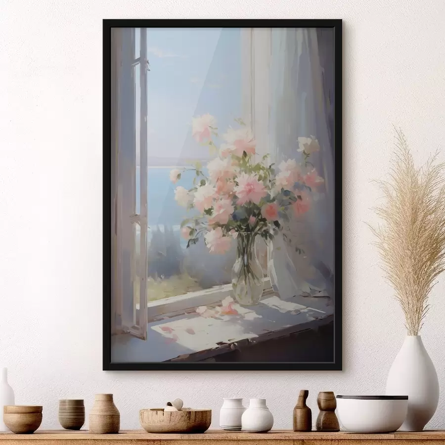 Fototapete Blumenstrauß von zarten Blumen in einer Glasvase Nachahmung der Malerei f42352