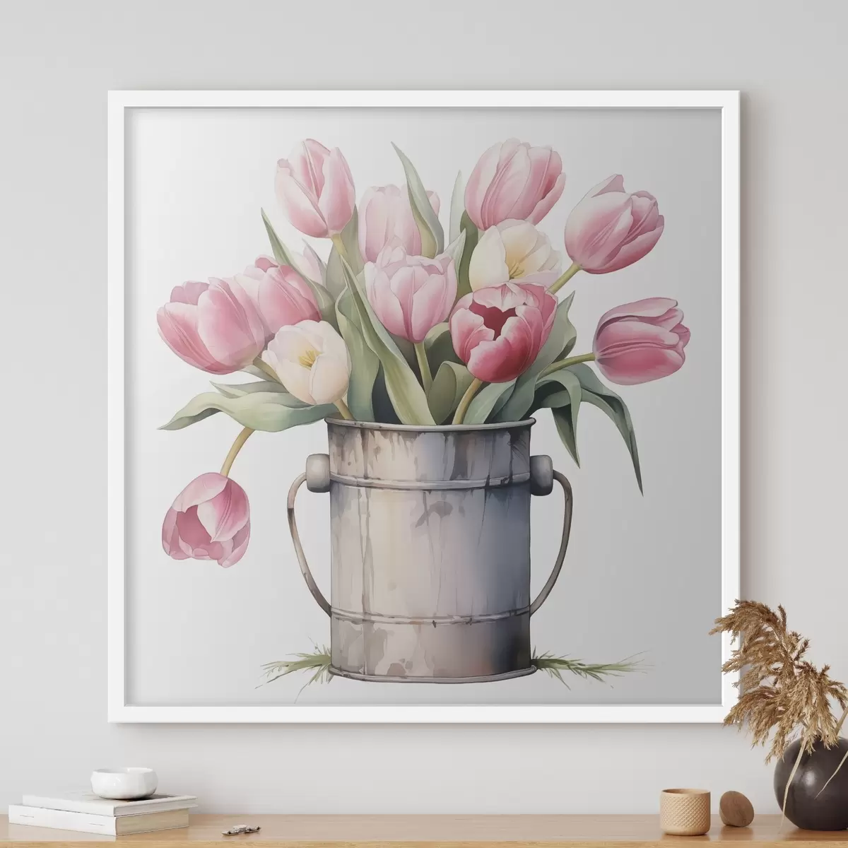 Poster Blumenstrauß von Tulpen in einem Eimer Nachahmung von Aquarell f42353