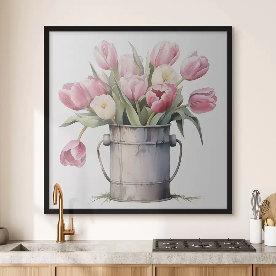 Fototapete Blumenstrauß von Tulpen in einem Eimer Nachahmung von Aquarell f42353