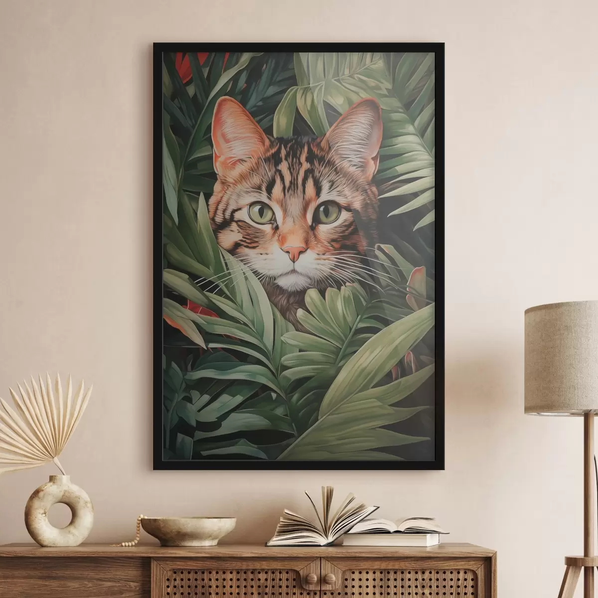 Poster Katze in tropischen Blättern f42354