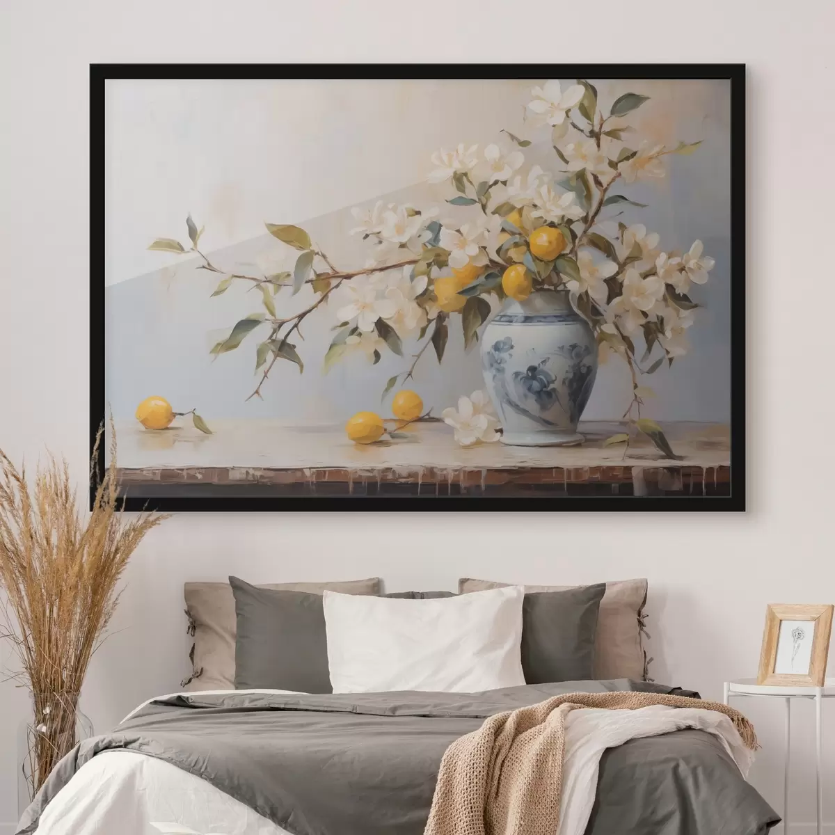 Poster Vase mit Zweigen von weißen Blumen und Zitronenimitation Malerei f42360