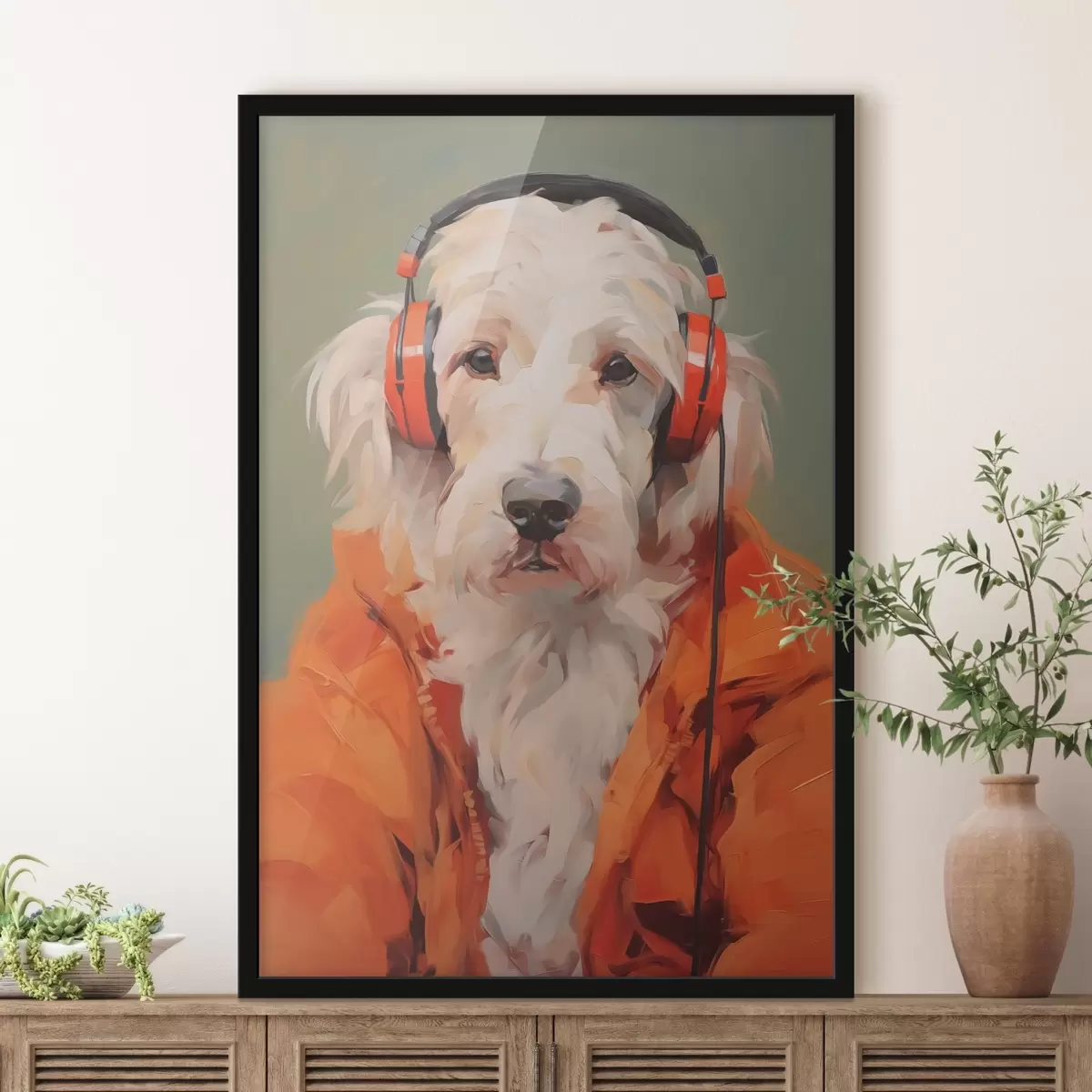 Poster Weißer Hund mit orangefarbener Jacke und Kopfhörer Imitation Malerei f42364