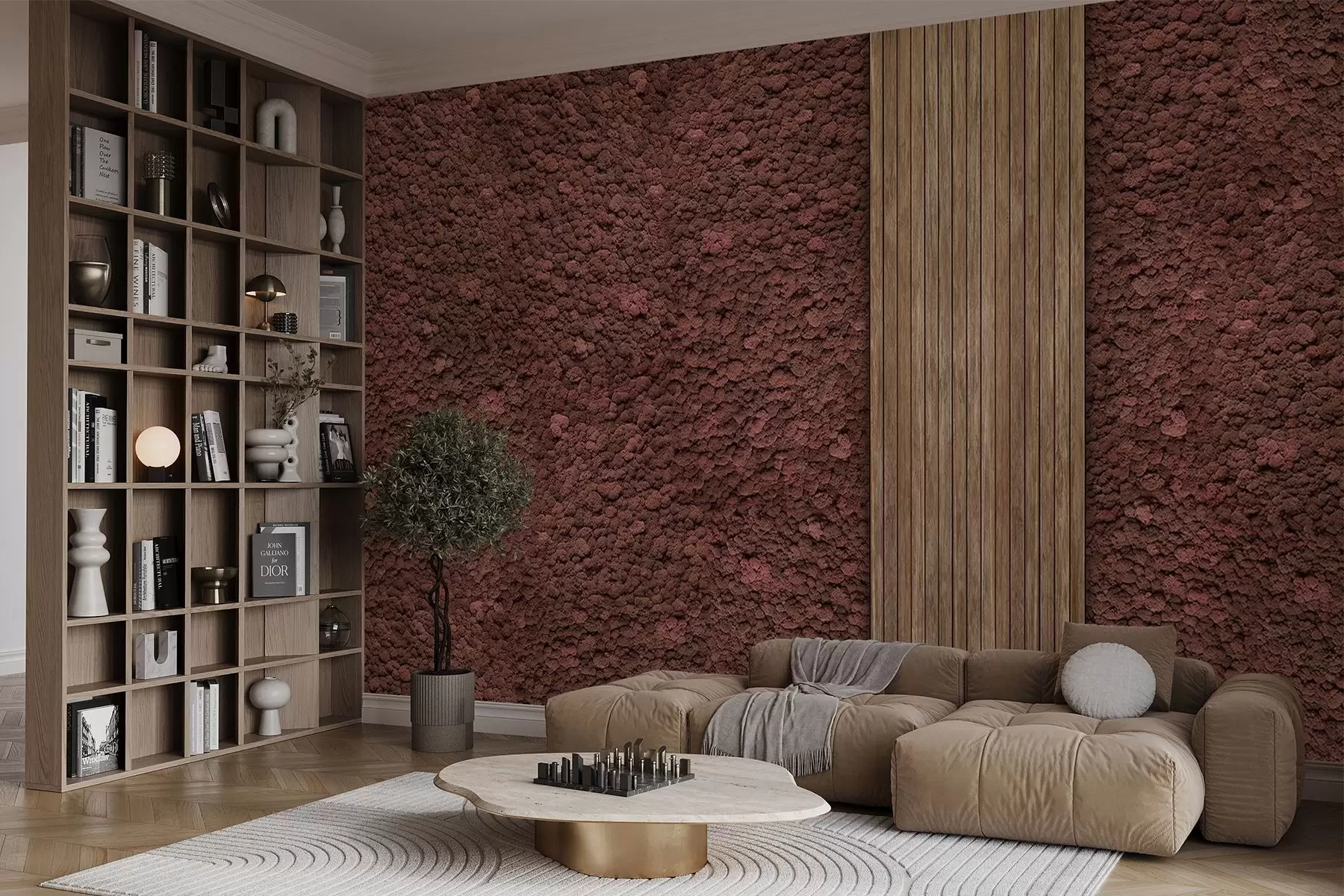 Fototapete Wand im Moos-Stil mit Holzpaneel, üppige burgunderrote Farben w02656v1