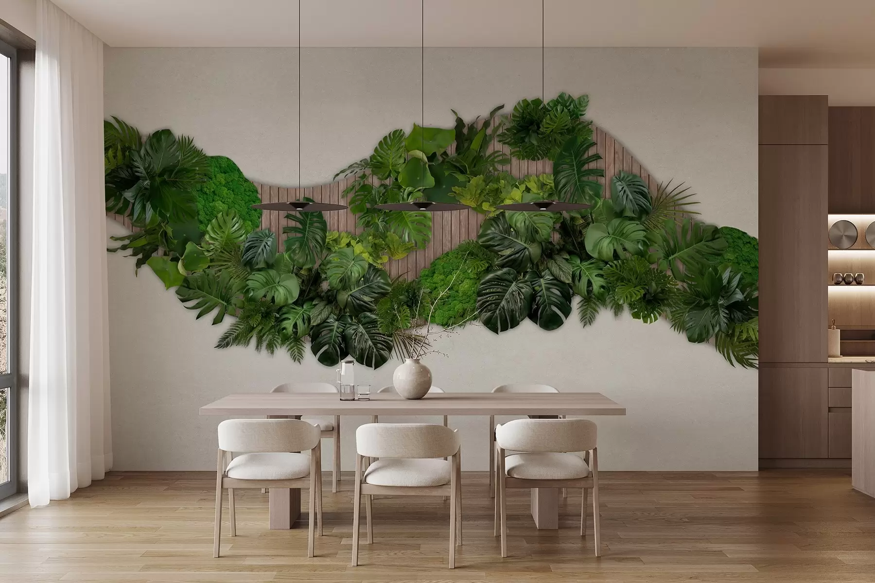 Fototapete Blumentafel mit Palmenblättern, Moos und Holzhintergrund w02717
