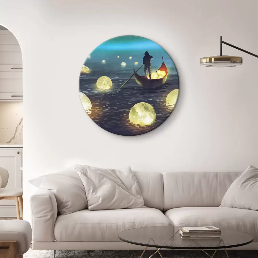 Wandbilder Ein Mann in einem Boot vor dem Hintergrund des leuchtenden Mondes r34544