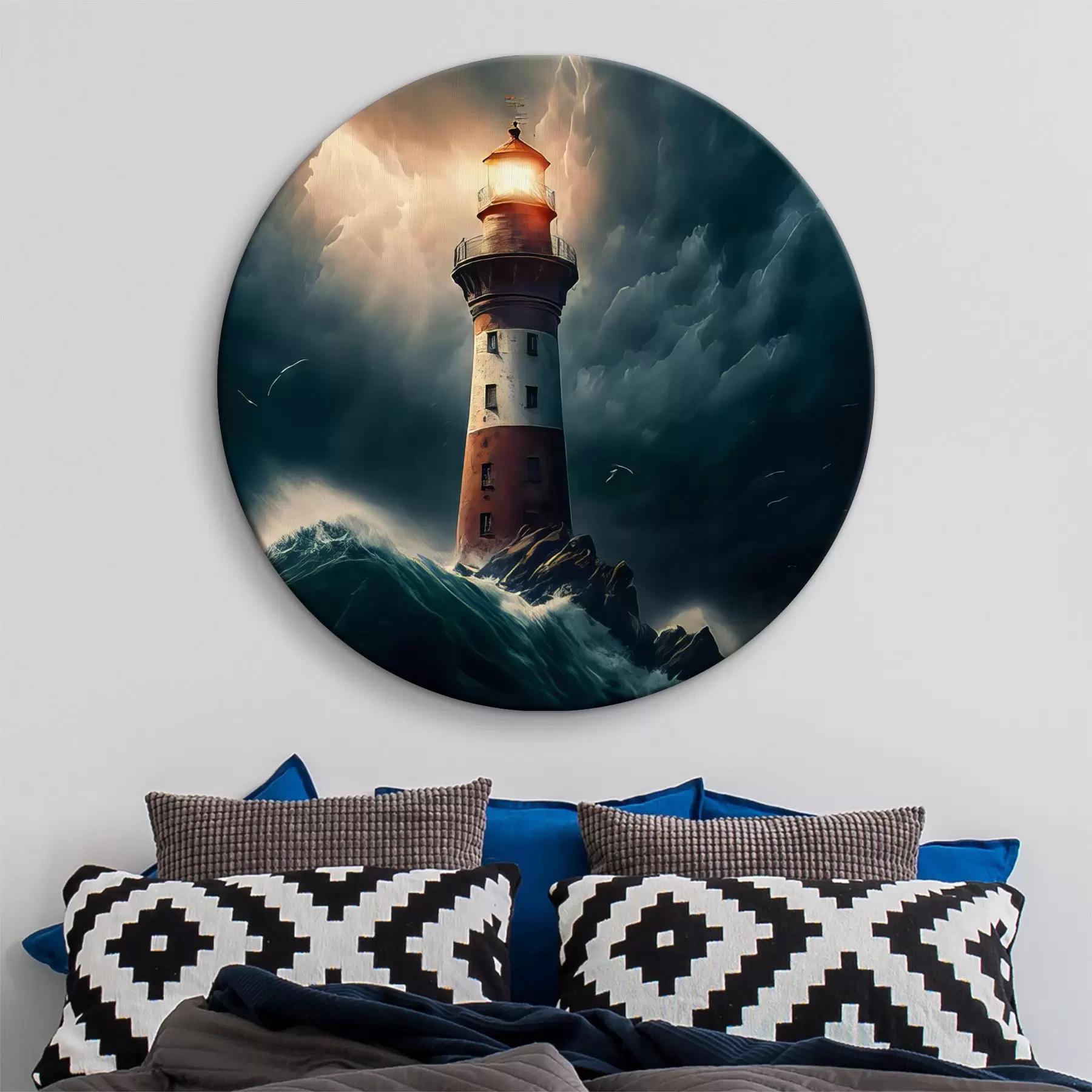 Wandbilder Malerischer Leuchtturm auf einer einsamen Insel während eines Sturms r35349