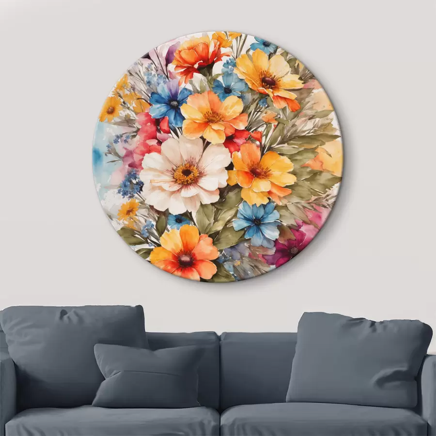 Wandbilder Aquarellstrauß aus rosa, gelben, blauen und roten Blumen r36121