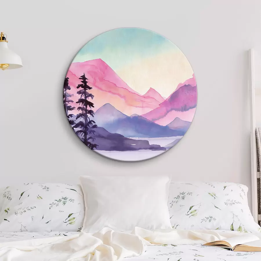 Wandbilder Aquarell Berglandschaft, Sonnenaufgang, Soft lila, rosa und blauen Farben r36496