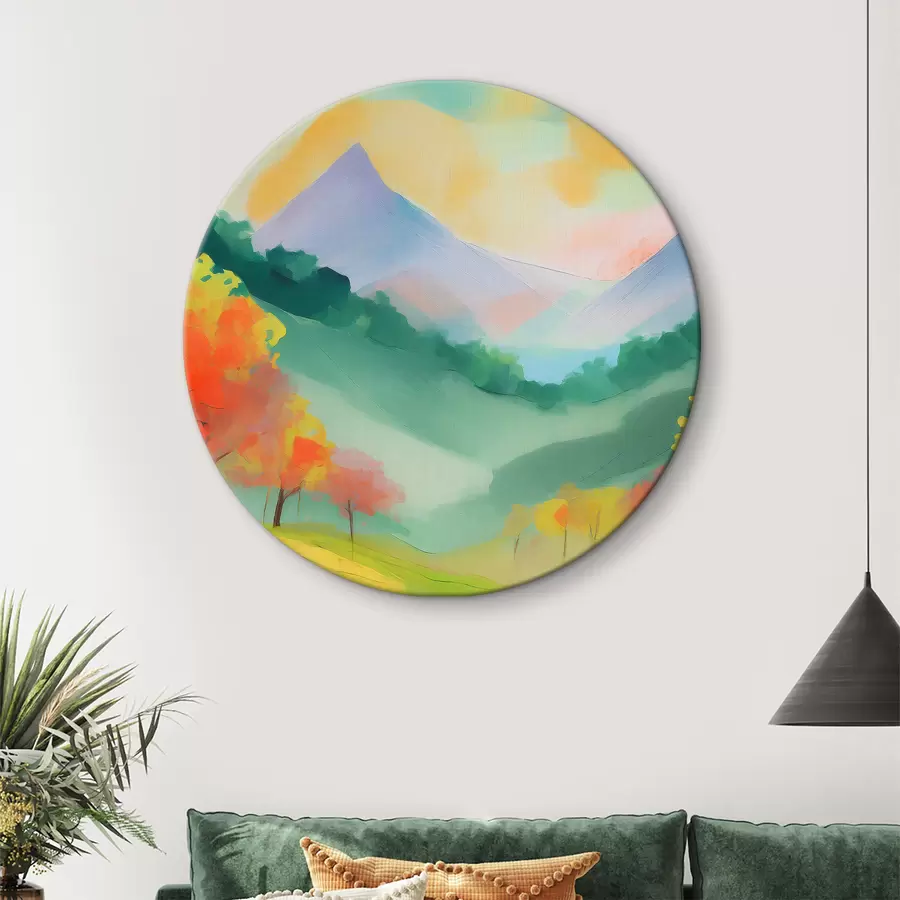 Wandbilder Acrylzeichnung Naturlandschaft, Sonnenuntergang Farben, Berge, Bäume, Wiese r36505