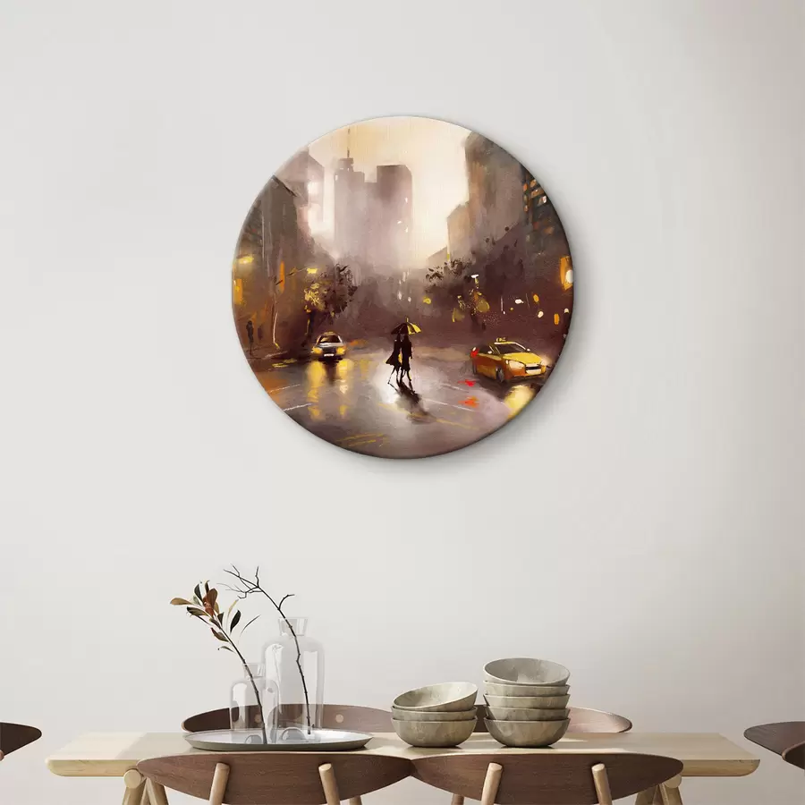 Wandbilder Person mit Regenschirm geht auf nasser Straße mit Autos und Gebäuden r36600