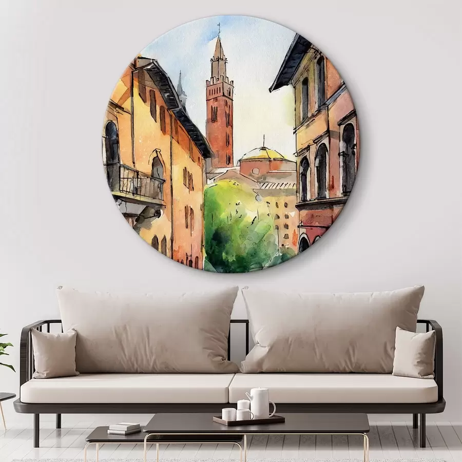 Wandbilder Eine Aquarellmalerei einer Straße mit Gebäuden und Bäumen r36684