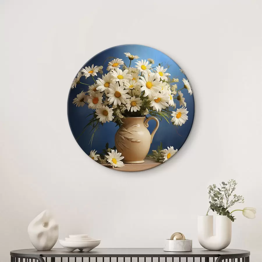 Wandbilder Ein wunderschöner Strauß weißer Gänseblümchen auf blauem Hintergrund r36814