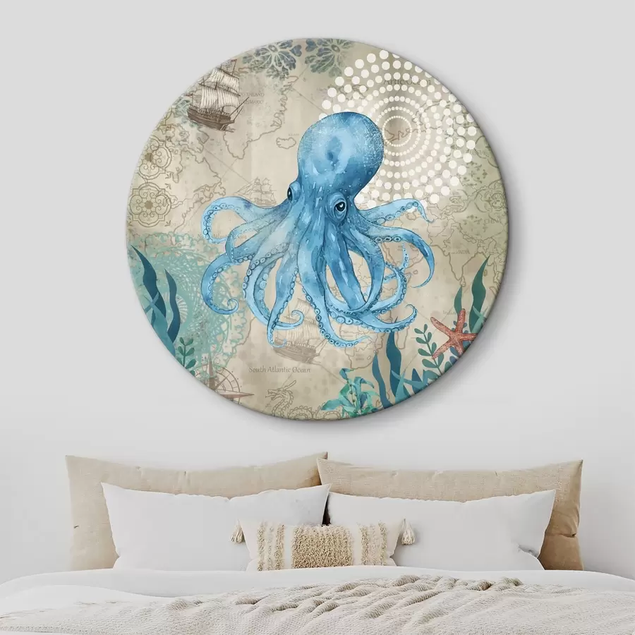 Wandbilder Blauer Oktopus mit Meereskarte r37154