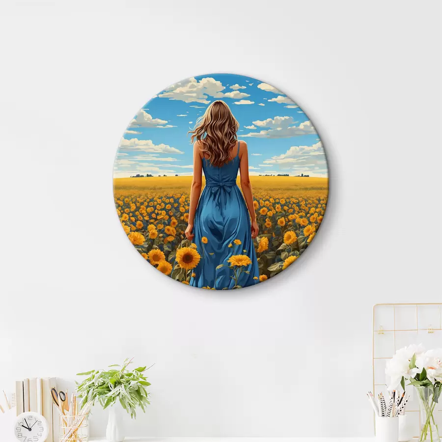 Wandbilder Frau im blauen Kleid in einem Sonnenblumenfeld r37164