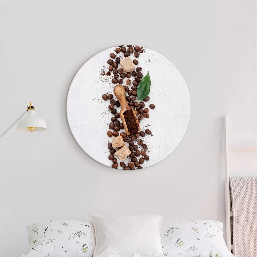 Wandbilder Ein Löffel mit Kaffeebohnen und Zucker obenauf r37178