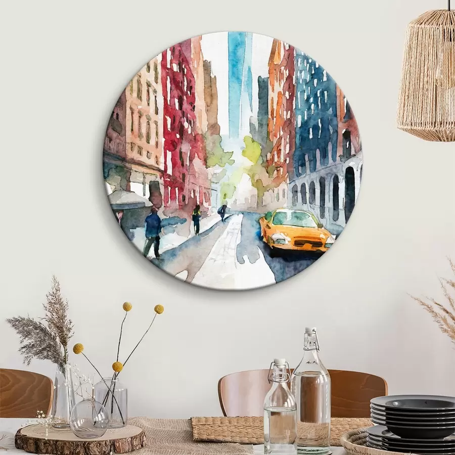 Wandbilder Ein Aquarell, das eine Straße mit Gebäuden und einem hohen Turm im Hintergrund zeigt r37346