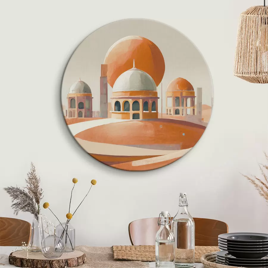 Wandbilder Wüstenlandschaft mit Gebäuden und einem großen orangefarbenen Ball r37812