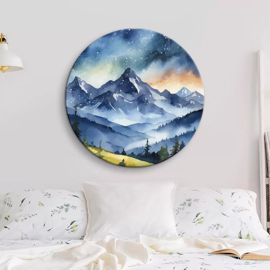 Wandbilder Aquarell Berglandschaft, Wald, sternenklarer Nachthimmel, Sonnenuntergang Farben r37946