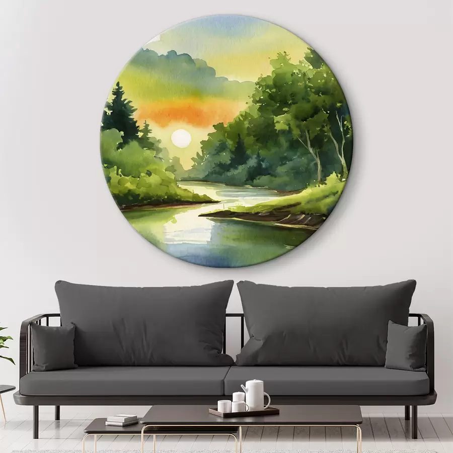 Wandbilder Sonnenuntergang am Fluss, Wald, Aquarell, Sonnenuntergang, grün, Natur r37949