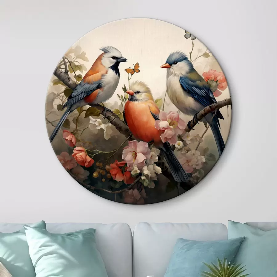 Wandbilder Eine Gruppe von Vögeln auf einem Zweig mit Blumen r38103