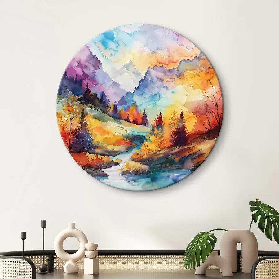 Wandbilder Bunte Berglandschaft mit Bäumen und Fluss r38145