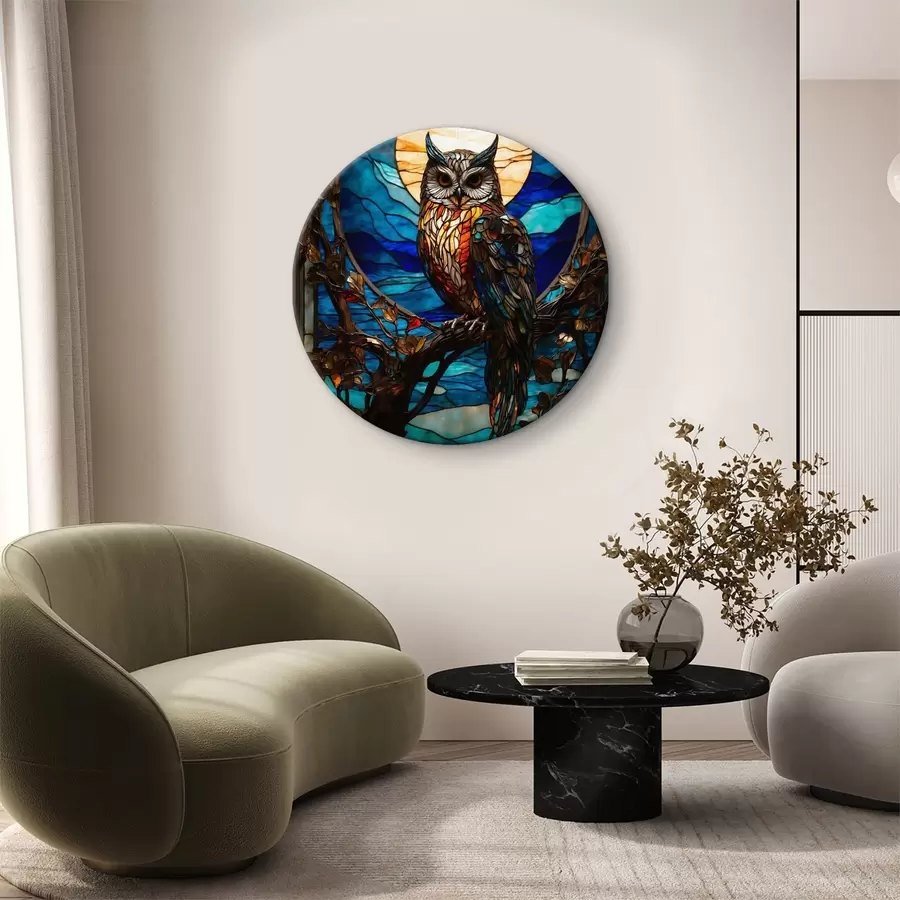 Wandbilder Glasmalerei Eule auf einem Baumzweig r38185