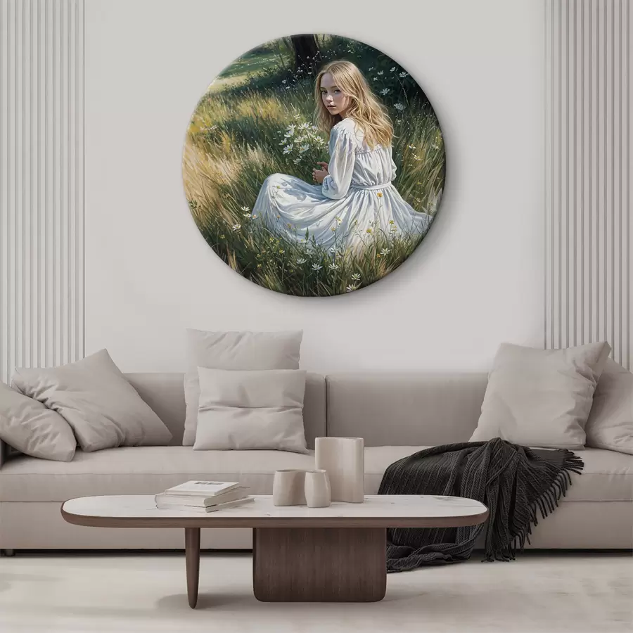 Wandbilder Ein Mädchen in einem weißen Kleid sitzt in einem Blumenfeld r38196