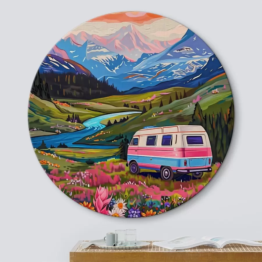 Wandbilder Ein Lieferwagen fährt durch ein Tal mit Blumen und Bergen r38259