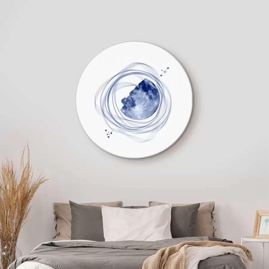 Wandbilder Mondumlaufbahn, Halbmond, Minimalismus, Raum, Zeit, geschwungene verschwommene Linien, Sterne, Galaxie, blaue Farbe r38280