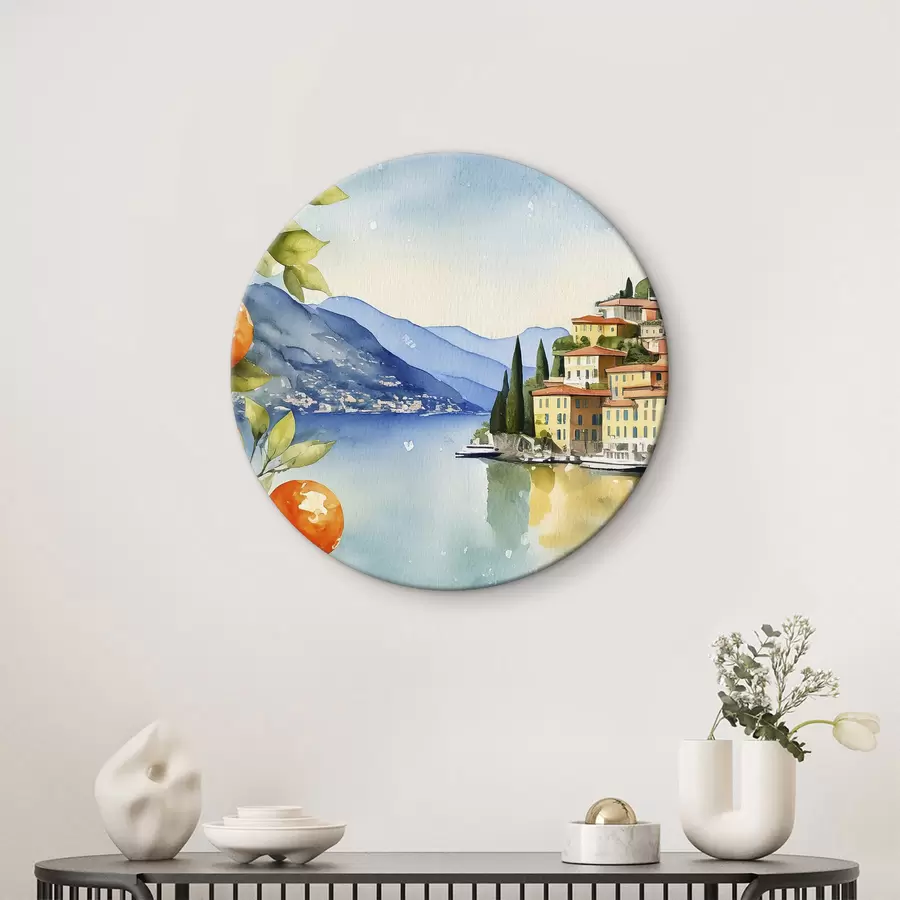 Wandbilder Ein Aquarell, das eine Stadt am Rande eines Stausees zeigt r38402