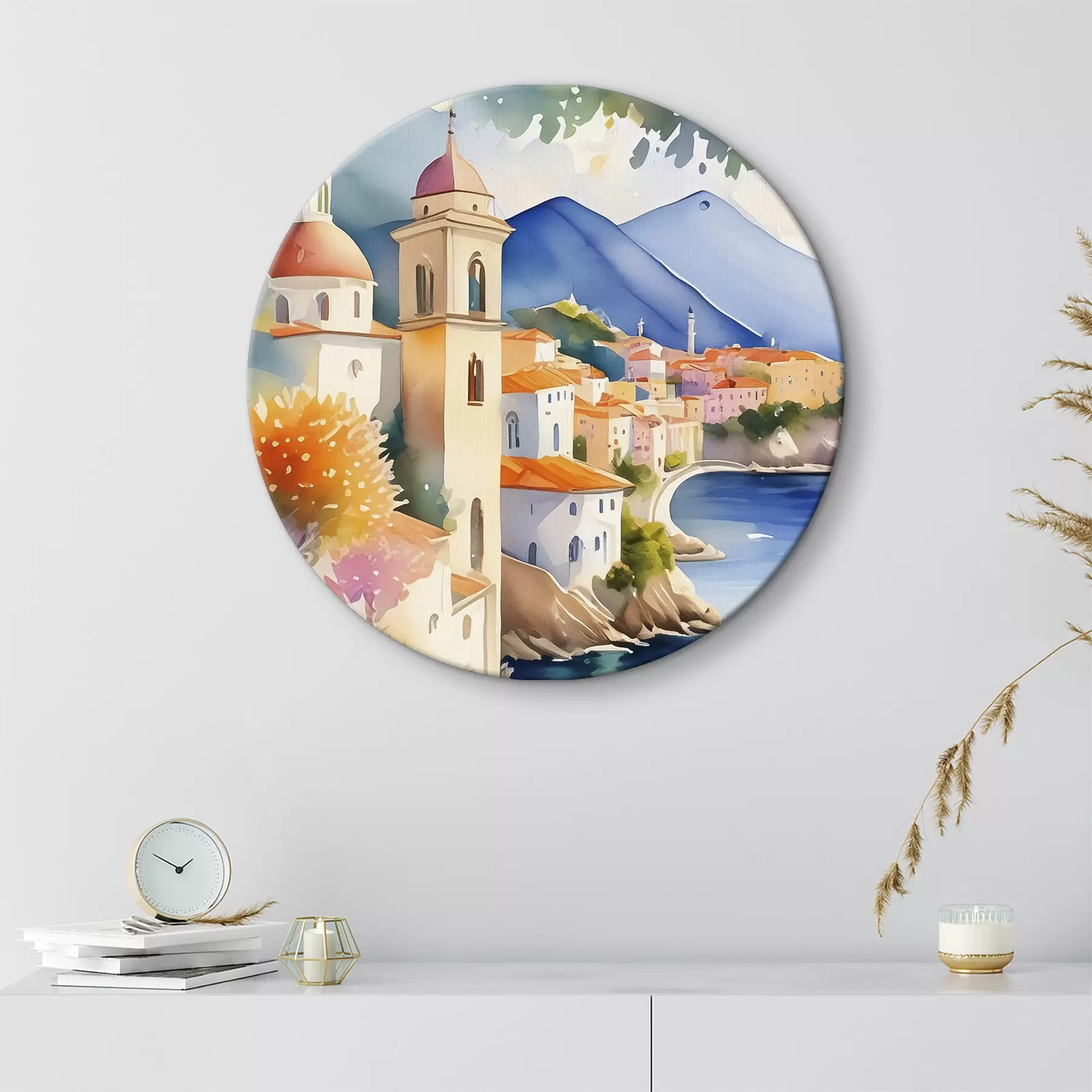 Wandbilder Ein Aquarell, das eine Stadt am Rande eines Stausees zeigt r38407