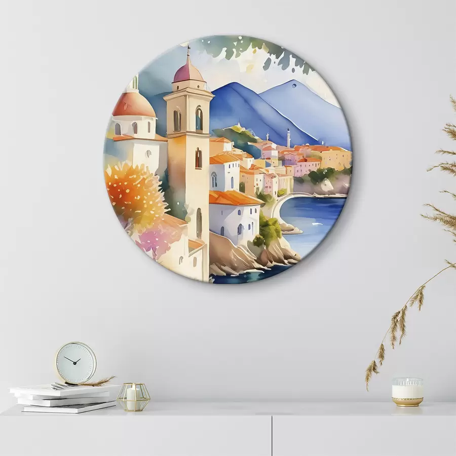 Wandbilder Ein Aquarell, das eine Stadt am Rande eines Stausees zeigt r38407