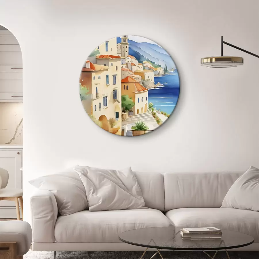 Wandbilder Ein Aquarell, das eine Stadt auf einem Hügel über dem Meer zeigt r38409