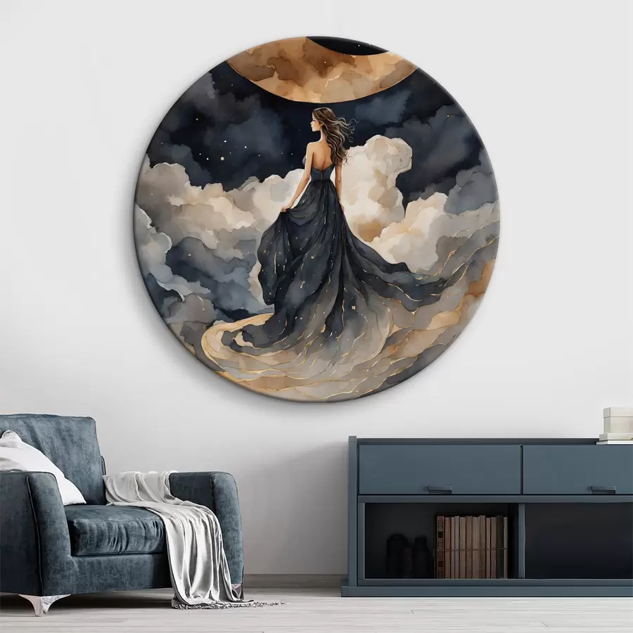 Wandbilder Frau im blauen Kleid und der Mond am Himmel r38428