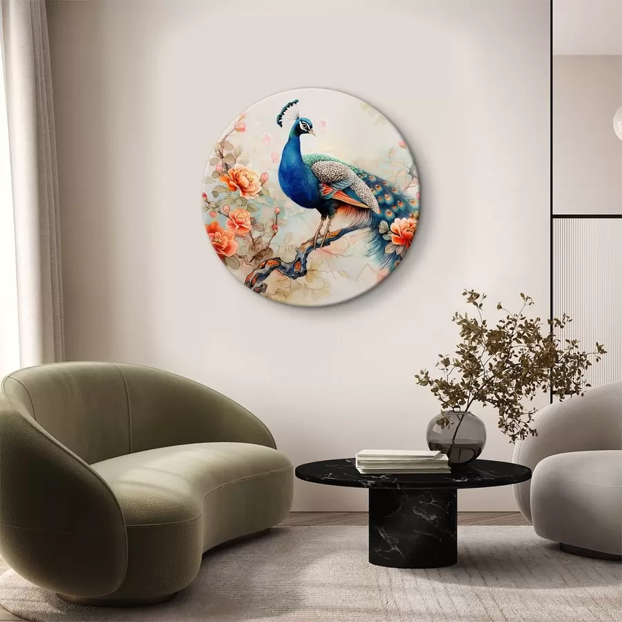 Wandbilder Ein Gemälde, das einen Pfau auf einem Ast mit Blumen zeigt r38452