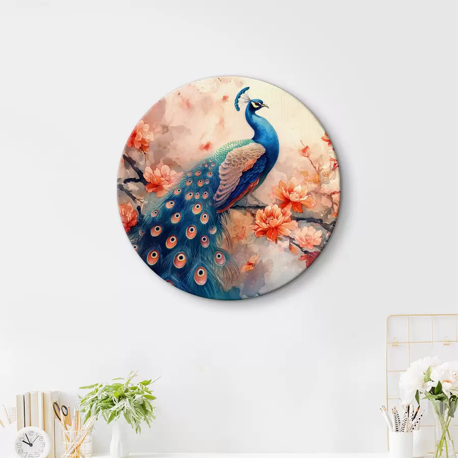 Wandbilder Ein Gemälde, das einen Pfau auf einem Ast mit Blumen zeigt r38455