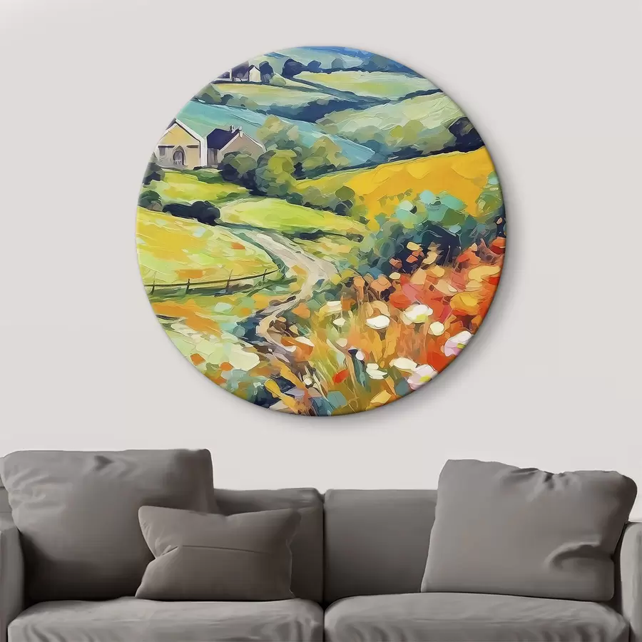 Wandbilder Ein Gemälde, das eine Landschaft mit Häusern und Feldern zeigt r38501