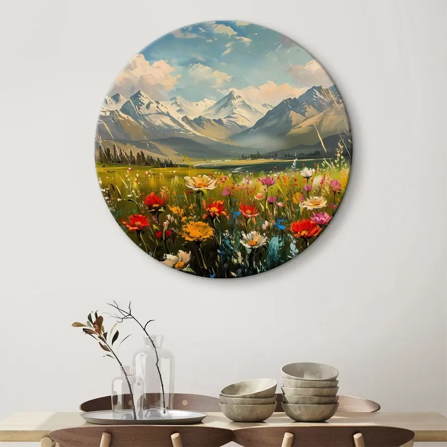 Wandbilder Blühende Wiesen unter schneebedeckten Gipfeln r38573