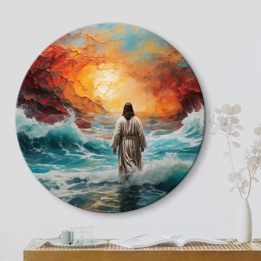 Wandbilder Ein Mann wandelt zwischen dem feurigen Himmel und dem Meer r38612